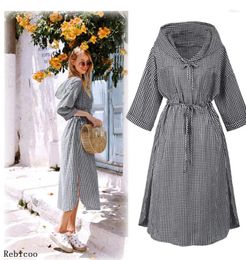 Casual Dresses Women's Autumn Sundress Fashion Check Hooded Dress Vintage Long Sleeve Plaid Vestidos Oversized Robe Hoodies