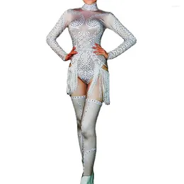 Stage Wear White Shining Sparkly Crystal Rhinestones Long Sleeve Sexy Women Tassel Bodysuits Stocking Nightclub Clothing Costumes