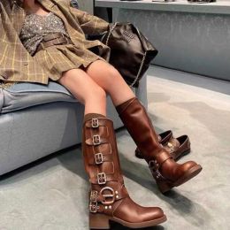 Designer Luxury Cowboy Boots for Womens Tall Boots Shoes Y2k Style Brown Leather Biker Boots Ccowgirl Boots Round Toe Chunky Heel Martin Boots Belt Buckle Trim