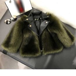 Down Coat Jackets Faux Fox Fur Children Leather Coat Autumn And Winter 2020 Motorcycle Girls Fashion Fur Jackets Kids Leather Tops Clothes 2-14T J231013