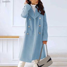 Women's Wool Blends Women Winter Long Sleeve Lapel Double Breasted Pea Coat Woolen Trench Coat Jacket Overcoat Windbreakers Fe Slim Wool CoatsL231014