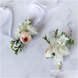 Decorative Flowers Wreaths White Cor Artificial Flower Silk Wrist For Diy Party Decoration Mens Fake Drop Delivery Home Garden Festive Dhpw6