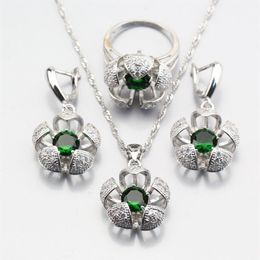 Earrings & Necklace Selling Three-Dimensional Silver Color Green Created Emerald Flower Jewelry Sets For Women Ring 6 7 8 9 10 JS3278V