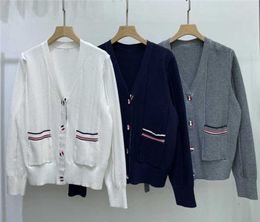 Autumn and Winter New TB British V-neck Cardigan Pocket Contrast Colour Stripe Ripple Craft Long Sleeve Knitted Women's Fashion