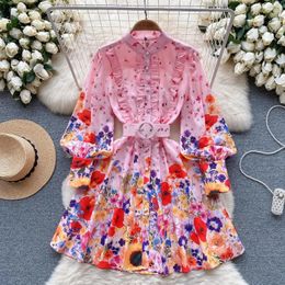 Basic Casual Dresses a Line Runway Designer Cotton Linen Mini Dress Women Stand Lantern Sleeve Single Breasted Floral Print Belt Vacation Boho Vestidos