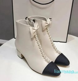 Women Boots Black And White Fashion Leather Pearl Chain Chunky Heel SolidColor Short Boots Autumn Winter Classic Color Blocking