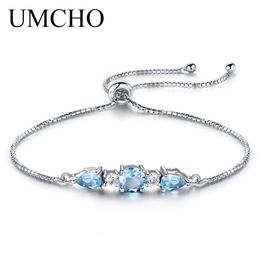 Bangle UMCHO Solid 925 Sterling Silver Bracelets Bangles For Women Natural Sky Blue Topaz Adjustable Tennis Bracelet Fine Jewelry 231013