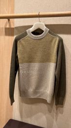Loro Piano Winter Mens Sweaters Casual Green Color Matching Round Neck Long Sleeve Wool Knit Top