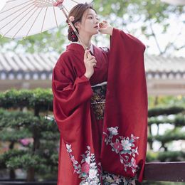 Ethnic Clothing Women's Traditional Japanese Kimono Red Floral Print Long Sleeved Yukata Retro Performance Dress Role-playing Costume