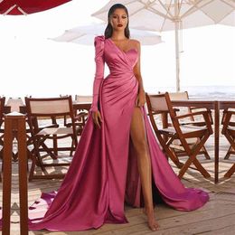 Prom Wedding Party Dresses Women Evening Elegant Sexy One Shoulder Backless Satin Pleated Side Split Loose Long Maxi Dress 2022 Y2279B