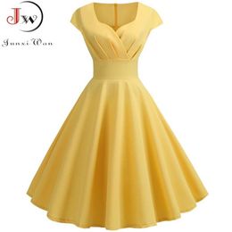 Summer Dress Women Short Sleeve Hepburn 50s 60s Vintage Pin Up Rockabilly Robe Plus Size Elegant Evening Party 210510335E