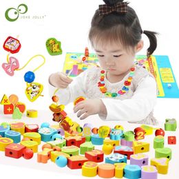 Party Games Crafts 26pcs Wooden Toys Baby DIY Toy Cartoon Fruit Animal Stringing Threading beads Monterssori Educational for Kids GYH 231013