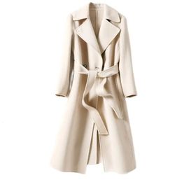 Women's Wool Blends Trench Coat Style Autumn and Winter Pure Woolen Laceup Waist Slimming Comfortable Loose Top 231013