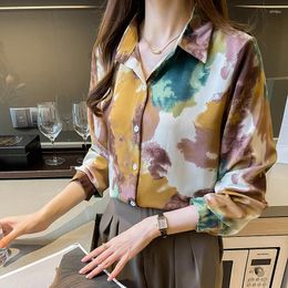 Women's Blouses 2023 Autumn Ink Dyed Printed Shirt Retro Draped Women Blouse Turndown Collar Long Sleeve Office Lady Tops