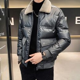 Men's Down Parkas Winter Glossy Men Jacket Tooling Style Lapel Thicken Warm Casual Coat Black Grey Korean Fashion Loose Short Outerwear 231013