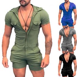 Summer Tracksuits top Sexy Rompers Men Mens Jumpsuit One-piece Shorts Garment Fashion Zipper Sleeveless Hooded onesie Male 6264530307e