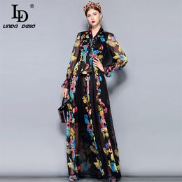 LD LINDA DELLA Runway Maxi Dress Plus size Women's Long Sleeve Bow Collar Vintage Floral Print Chiffon Party Holiday Long Dre234G