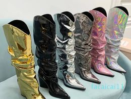 Metallic Slip-On Stacked Knee-High boots chunky block Pointed toe women'smid-calf boots luxury designer Fashion party cold shoes factory footwear Size