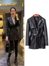 Women's Leather Genuine Jacket Mid Length Windbreaker 2023 Spring Haining Slim Fit Fashion Waist Sheepskin Suit Coat