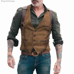 Men's Vests Herringbone Men's Vests Men Brown Waistcoat Vest Man Steampunk Jacket Striped Tweed V-neck Slim Fit Gilet Wedding ClothingL231014