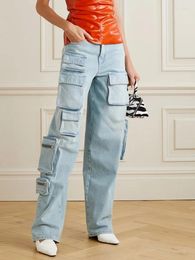 Women's Jeans Streetwear Blue Wide Leg Pants Fashion Light High Waist Patchwork Multi Pocket Solid Trousers Denim Trous