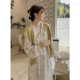 Casual Dresses Long 2023 Autumn Korean Style Graceful Bow Strap Printing Fairy Dress