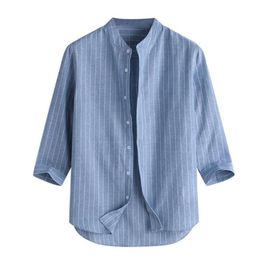 Men's T-Shirts Casual Stand Summer Top Sleeve Button Shirt 7 Cotton Striped Points Collar Blouse Mens2207