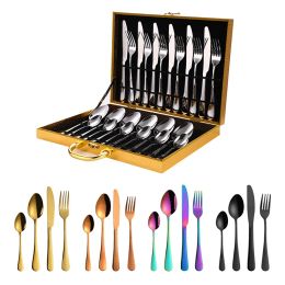 Stainless Steel Tableware Sets Household Western Cutlery Knife Fork Spoon Wooden Gift Box Set Kitchen Dinnerware 24Pcs Creative Gifts LL