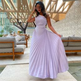 Vintage Long Lilac One Shoulder Satin Evening Dresses Sleeveless A Line Pleated Floor Length Party Gown for Women