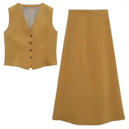 Work Dresses Early Autumn Fashion Women's Retro Temperament Casual V-neck Sleeveless Linen Blended Vest Mid-waist Midi Skirt