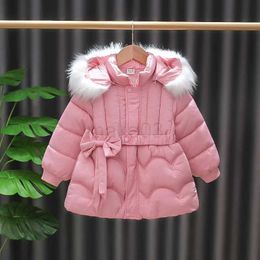 Down Coat Winter Kid Girl Coat Cotton-padded Bow Waist Belt Warm Thicken Long Jacket Parka Baby Outerwear Toddler Children Clothing A873 J231013