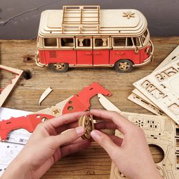 Blocks DIY Manual Assembly Model Car Wooden Retro Bus 3D Puzzle Camper Van Children Boy Girl Gift Educational Toys Home Decoration 231013