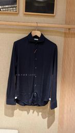 Mens Shirts Spring and Summer loro piana Leisure Navy Cashmere Silk Lapel Long Sleeve Shirt