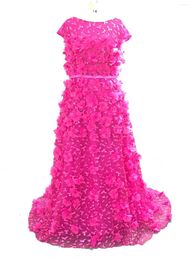 Party Dresses Fashion O-Neck Short Sleeve Floor Length Lace Hand Made Flower Custom Prom Fuchsia Evening