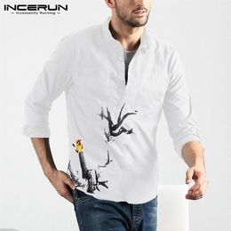 INCERUN Brand Tops Men Bird Printed Long Sleeve Casual Shirt Comfortable Cotton Single Breasted Stand Collar Mens Blouse 20193238