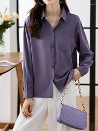 Women's Blouses Fashion Women Purple 2023 Autumn Long Sleeve Turn-Down Collar Shirts With Pocket Design Elegant Office Lady Casual Tops