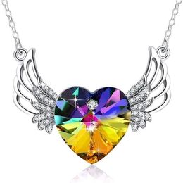 Chains Silver Angel Wing Heart Necklace Crystals For Women Girl Guardian Pendant Dainty Jewelry305u