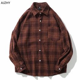 Casual Men Shirt Long Sleeve Autumn Winter Thick Plaid flannel Shirts Mens of Women Vintage Japanese Streetwear Pocket Camisas244W