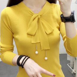 Women's Sweaters 2023 Autumn Winter Yellow Bow Knit Women Sweater Pink Spring Slim Students Knitting Pearl Pullovers Fashion Clothing