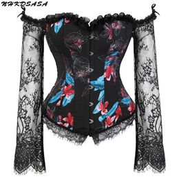 Corset Bustier Top With Straps For Women Sexy Lingerie Lace Up Plus Size Long Sleeves Body Shaper Costumes Burlesque Black White W283g