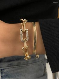 Bangle 2pcs Fashion Statement Metal Bracelet Trendy Gold Colour Copper Chain U Link Crystal Women Gift