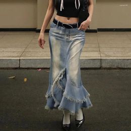 Skirts American Spicy Girl Style Distressed Washed Denim Fishtail Skirt With Fringe Design Autumn Arrival Low-waisted Long Skirt.