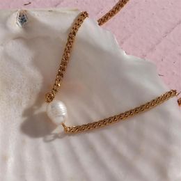 Chains 2021 Minimalist Natural Freshwater Pearl Pendant Cuban Link Chain Choker Necklace Stainless Steel Gold259G