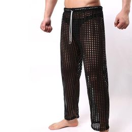 Whole-Sexy Mens Pants Sleepwear See Through Big Mesh Lounge Pyjama Bottoms Loose Trousers Low Rise Couples Gay Male Fetish Sex2860