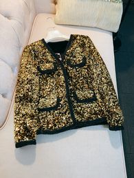 2023 Autumn Gold Black Contrast Color Panelled Sequins Jacket Long Sleeve Round Neck Classic Jackets Coat Short Outwear M3O113802