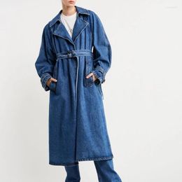 Women's Trench Coats 2023 Women Shoulder Pads Coat Classic Cotton Denim Long With Belt