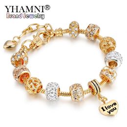 YHAMNI Original Gold Bracelet Crystal Beads Chain Pulseras I Love You Charms Bracelets Bangles Jewellery Gift For Women HSL151297B