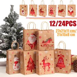 Gift Wrap 12/24PCS Christmas Kraft Paper Bag With Handle Red Santa Claus Snowman Bags Cookie Xmas Packaging Party