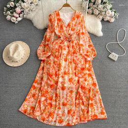 Casual Dresses Fashion For Women Spring Autumn Clothes Lantern Sleeve V-neck A-line Long Robe High End Ladies Print Dress