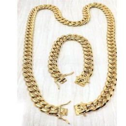 14mm Mens Miami Cuban Link Bracelet & Chain SET 18k Gold Plated Stainless Steel277x